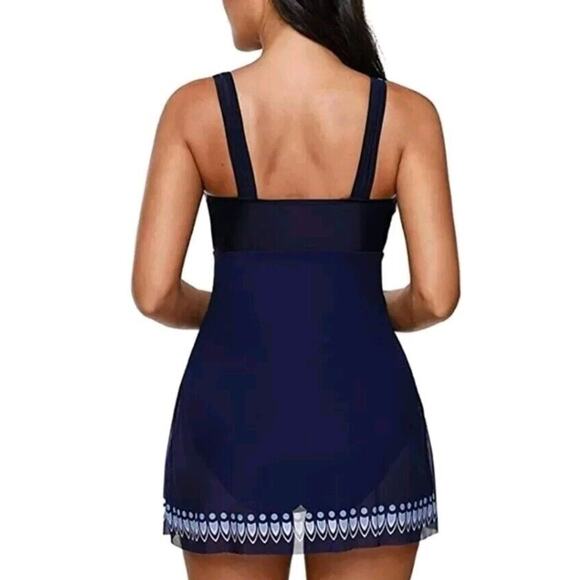 Blue Multicolor Aztec Sheer overlay Swim Dress Swimsuit Padded One Piece XXL - Picture 3 of 8